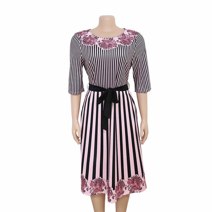 BAIBAZIN New Hot Africa Dress for Women Striped Flower Print Stitching Dress