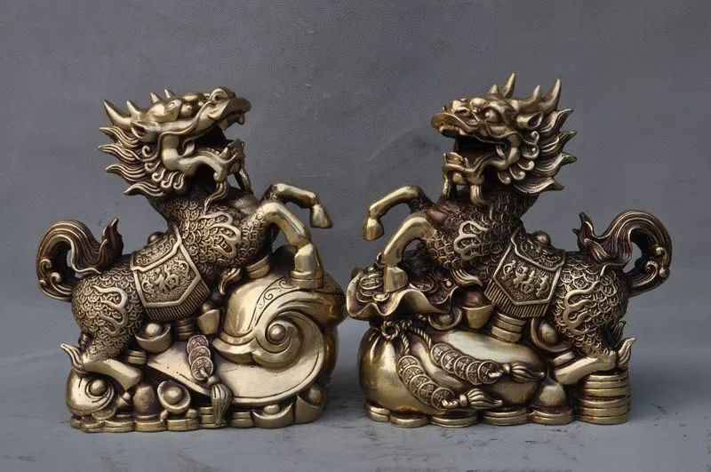 

wedding decoration China fengshui brass Wealth Yuanbao money Ruyi Unicorn Kylin chi-lin statue pair