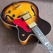 

new arrival Jazz Electric Guitar with F holes in sunburst color , with Flower vine inlay on fingerboard , gold color hardware