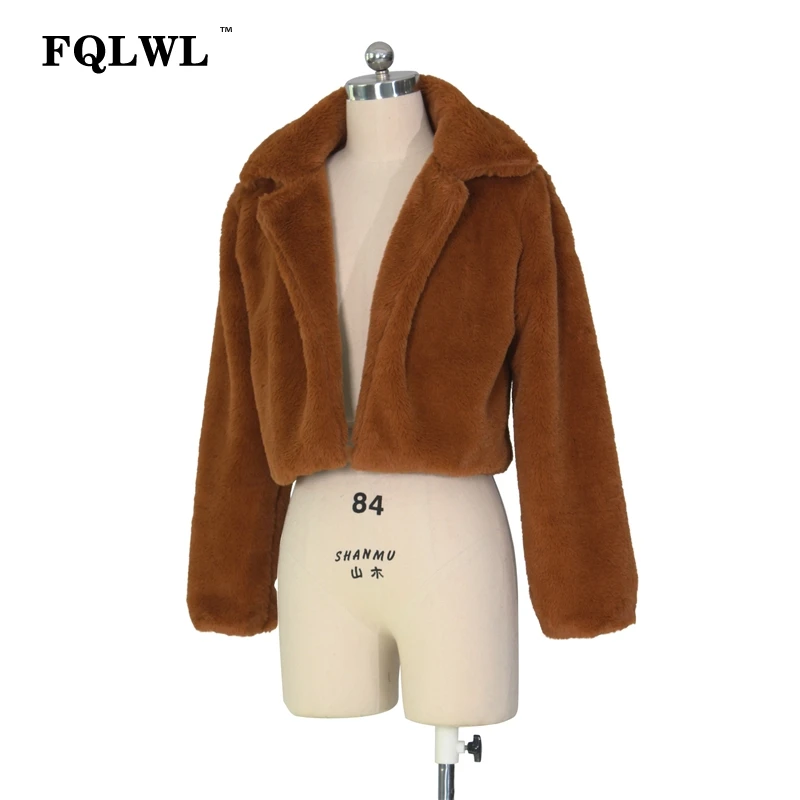 FQLWL Fluffy Faux Fur Coats Women Solid Furry Teddy Turn Down Collar Cropped Jacket Fur Female Overcoat Winter Warm Outerwear - Цвет: CAMEL