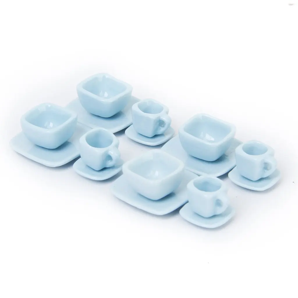 

16 pcs Miniature Dollhouse Ceramic Tea Set Square Dinnerware Tableware Mug Plate Light Blue