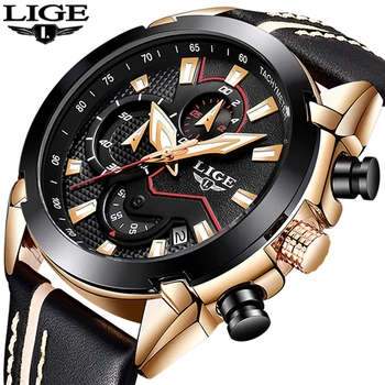 LIGE Men's Fashion Design Leather Date Chronograph Quartz Watches