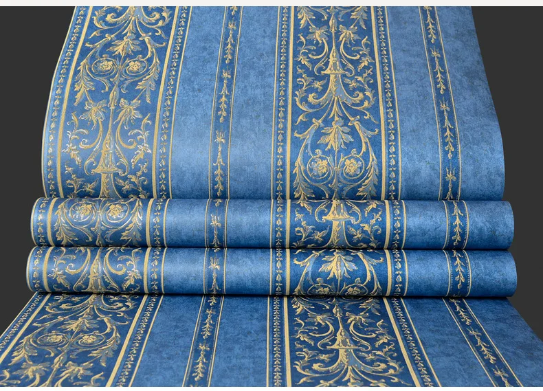 European Dark Blue 3D Embossed Wallpaper Flocked Non woven Wall Paper for Bedroom Living Room