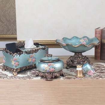 

European Resin Fruit Plate Set Paper Towel Box Water Pot Figurines Crafts Home Livingroom Coffee Table Decorations Ornament Art