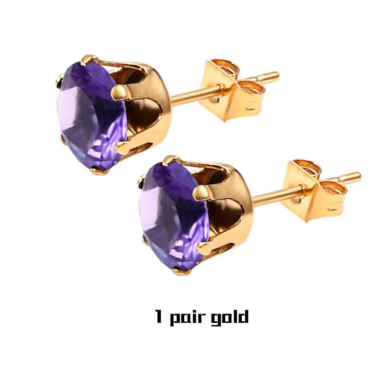 RIR,, маленькие Кристальные серьги-гвоздики из нержавеющей стали, мужские ювелирные изделия, серебряная пара, корона, циркониевые Кристальные серьги для женщин и мужчин, s - Окраска металла: 1Pair Purple Gold