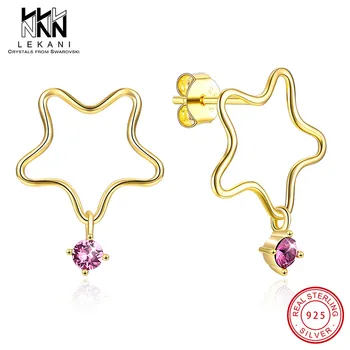 

Hollow Star Gold Round Earrings Drop Pink Crystal From Swarovski 925 Sterling Silver Material For Women Wedding Anniversary Gift
