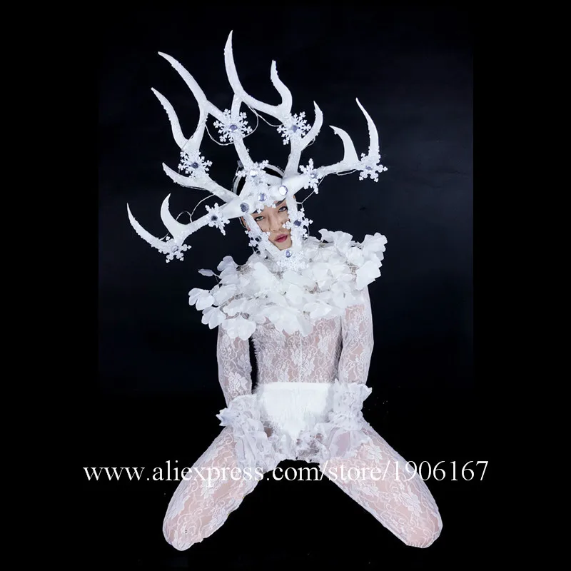 Nightclubs GOGO Men DS White Christmas LED lights Antlers Head Performance Dance Team White Party Costumes02