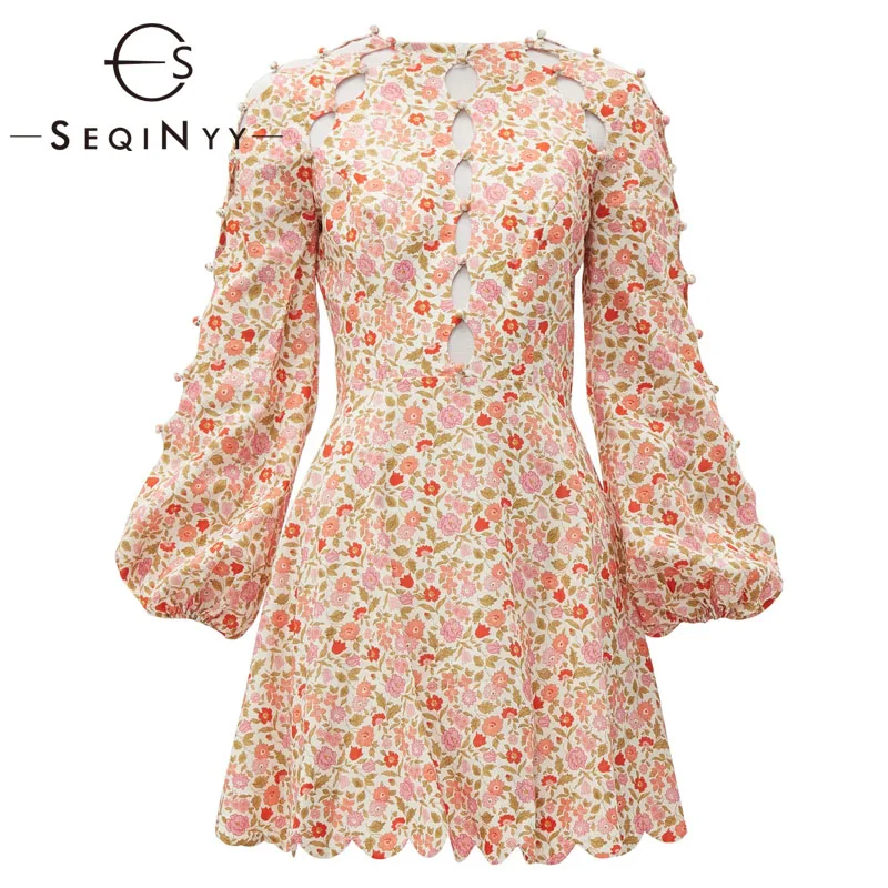 

SEQINYY Linen Dress 2020 Summer Spring New Fashion Design Lantern Sleeve Hollow out Button Flowers Print Sweet Mini Dress