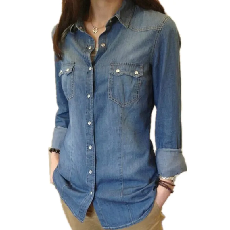 נשים Chambray ג 'ינס העליון חולצה חולצות וחולצות שרוול ארוך כפתור הצמד Camisetas Femininas Camisa Blusa חולצה גבירותיי כותנה