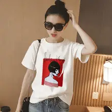 Năm 2019 Thời Trang In Hình Nữ Áo Thun Cotton Trắng Hút Thuốc Nữ Áo Phông Mùa Hè Cổ Bông Tai Kẹp Áo Femme Top(China)