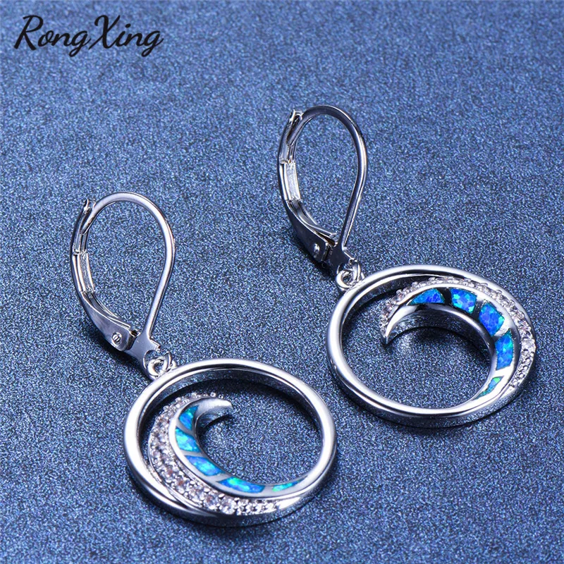 RongXing милые голубые/белые огненные опаловые серьги висюльки с Луной серебряного
