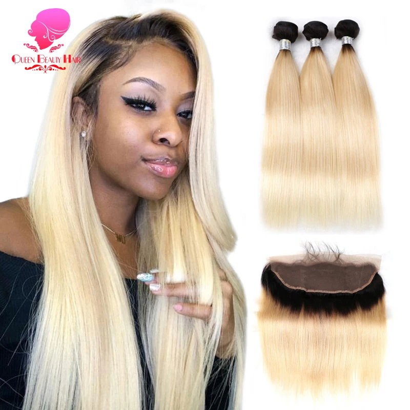 

QUEEN BEAUTY Lace Frontal Closure with Bundles,1B 613 Blonde Ombre Color Remy Human Brazilian Hair Weave 3 Bundles with Closure