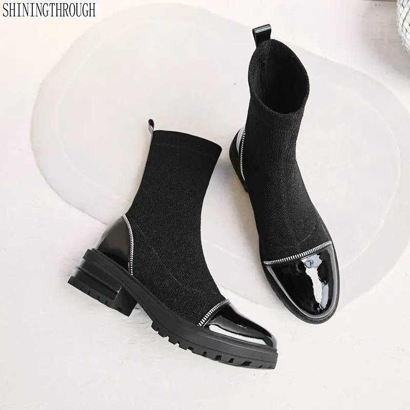 

Women ankle motorcycle boots thick high heels platform ladies shoes woman Suede leather autumn winter boots black gray