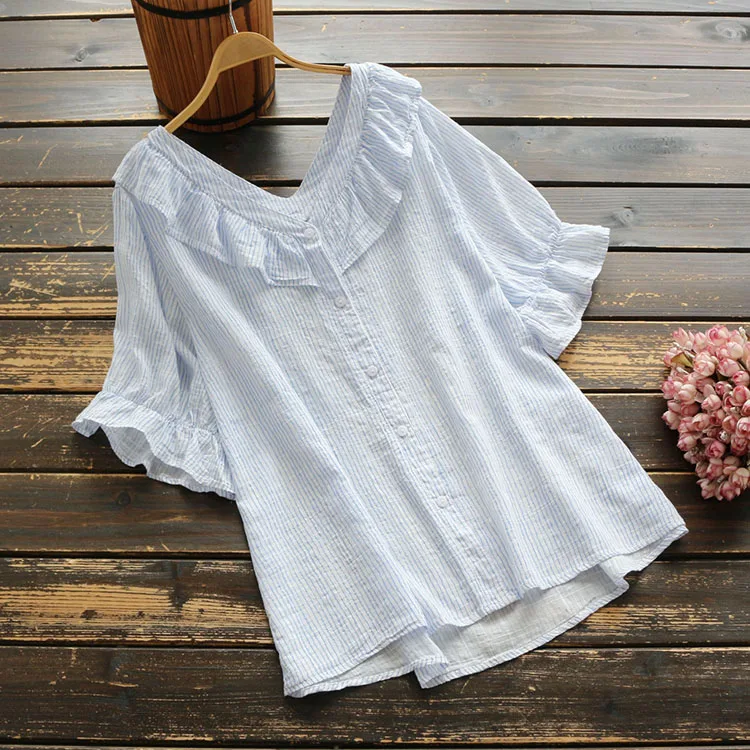 

Striped short sleeve shirt single breasted cotton ruffled collar shirt sweet princess