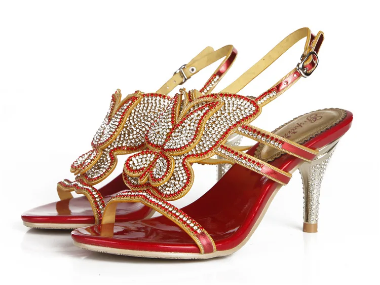 G-sparrow 2018 Womens Summer New High-heeled Sandals Stiletto Diamonds Crystal Sexy Elegant Fashion Red Wedding Shoes 8cm9