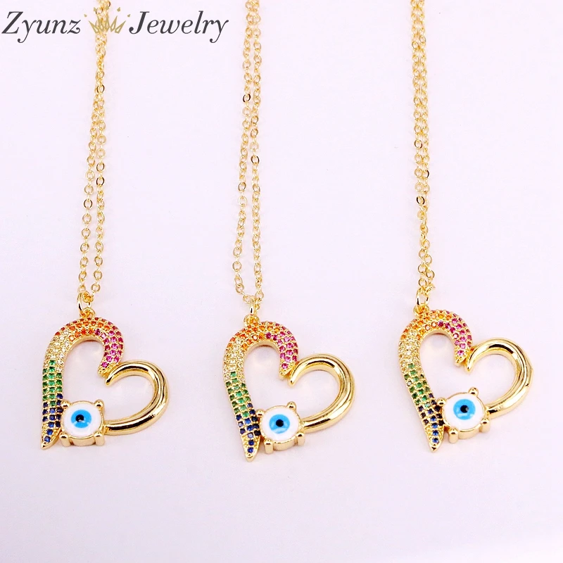 

10PCS, Rainbow CZ Stone Crystal Heart Pendant Necklace Fashion Blue Eye and Zirconia Heart Jewelry