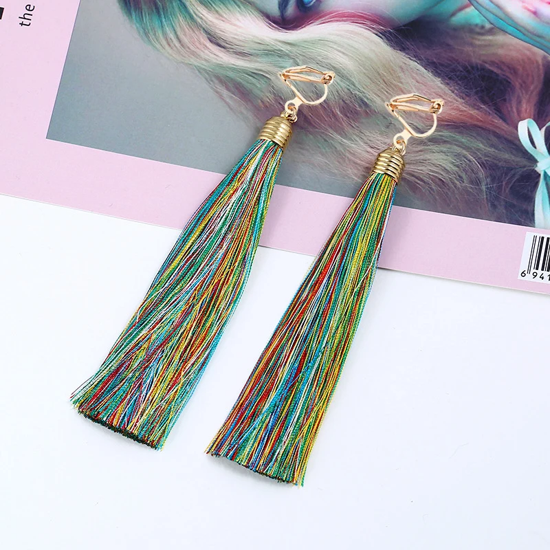 Ear Clip Earrings Tassel Fiber Clip on 12cm&5.1'' Long No Pierced for Women Party Fashion Bohemia Bridal Wedding Anti-allergy