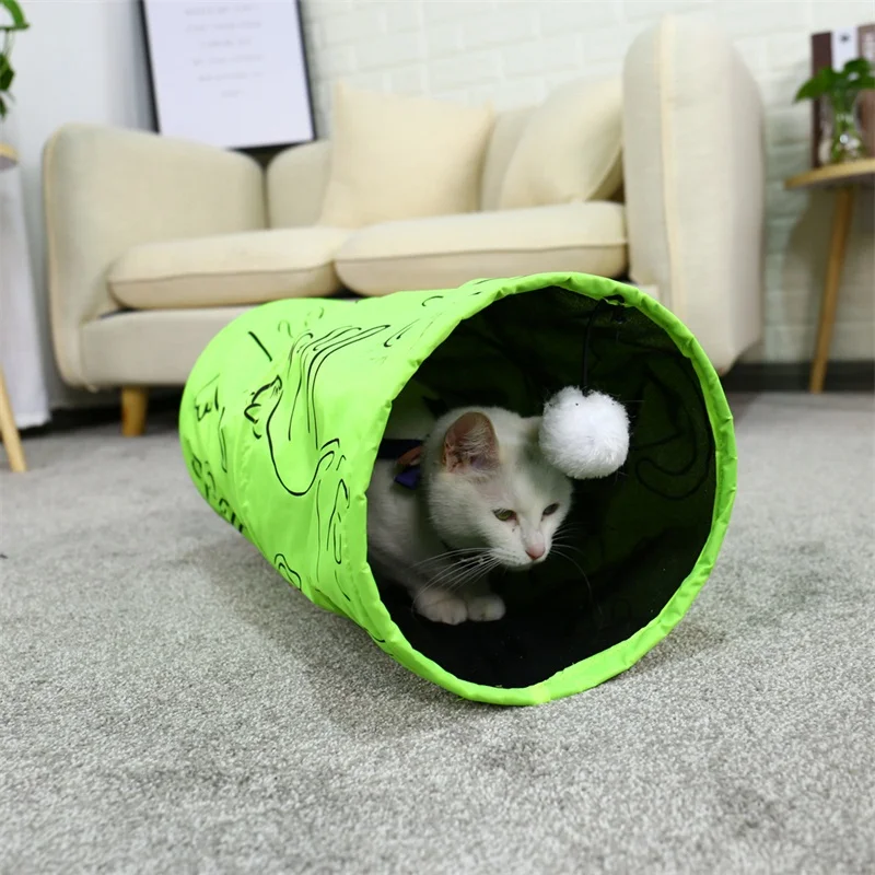 Hot Drop Shipping Pet Cat Tunnels Catnip Printed Green Lovely Crinkly Kitten Tunnel Toys With Ball Fun Toys Tunnel Bulk Cat Toys