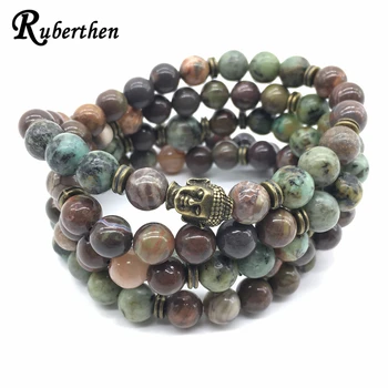 

Ruberthen High Quality Design Buddhist Head Bracelet African Turquise Ocean Jaspeer Necklace Trendy 108 Mala Healing Bracelet