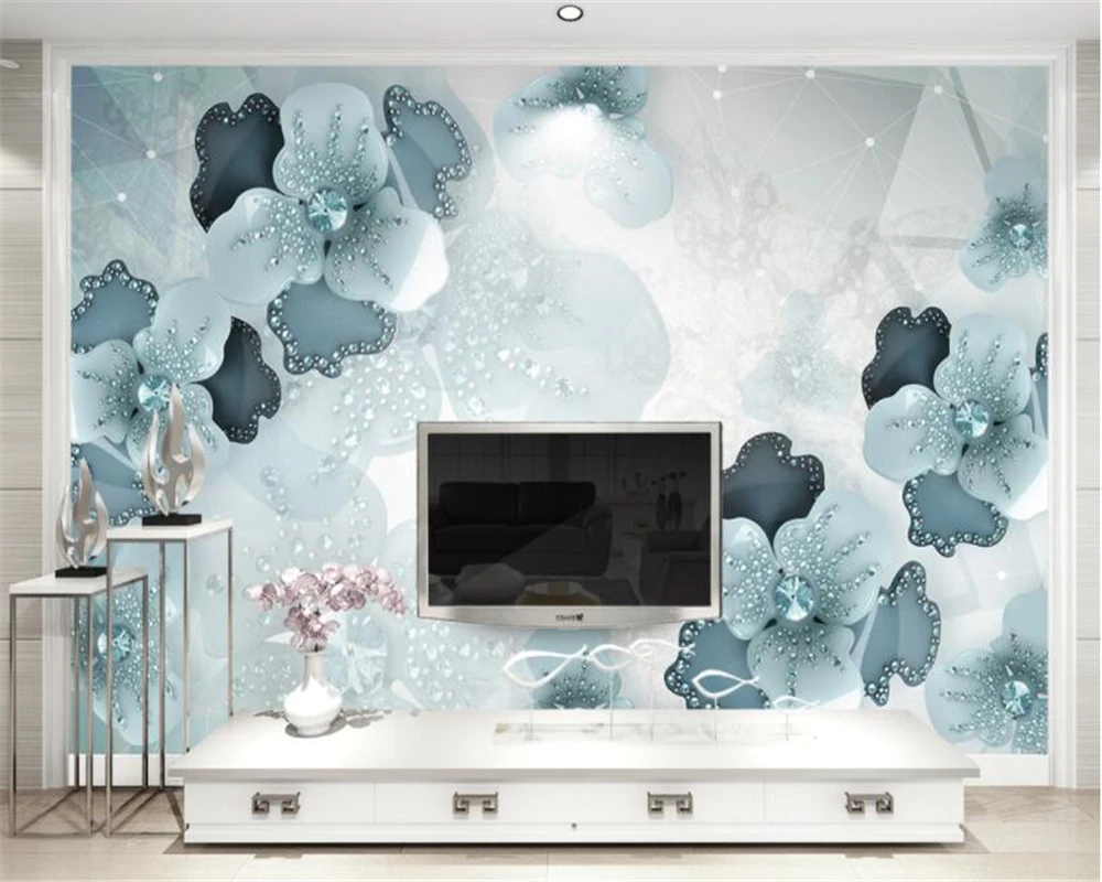 Пользовательские 3D обои Шелковый материал тисненый, c бриллиантами синий цветок ТВ фон украшение стены живопись