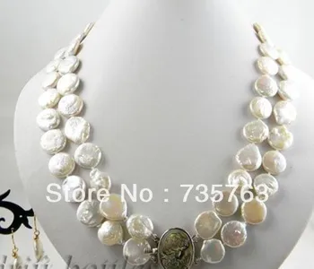 

xiuli 00169 2strands 14mm white coin freshwater pearl earring necklace Set