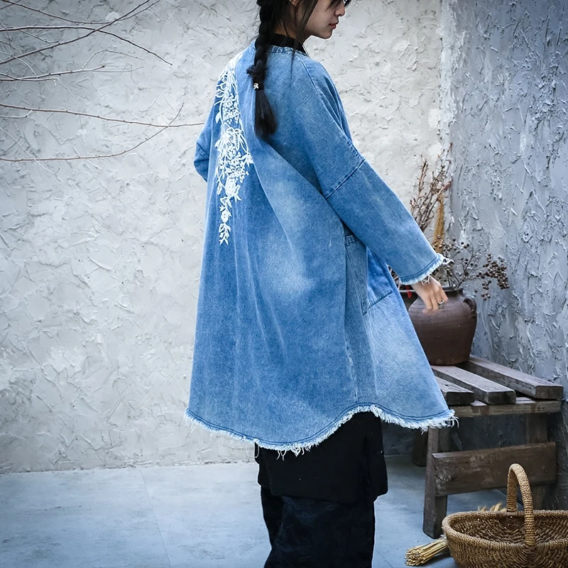 free-shipping-tassels-embroidery-cardigan-loose-denim-women-long-mid-calf-plus-size-vintage-chinese-style-jeans-trench-outerwear