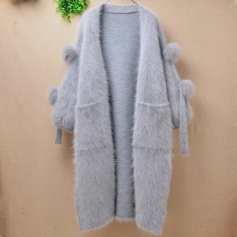 

Elegant Fashion winter Fluffy thicken long angora rabbit fur cardigan ladies Women warm loose genuine mink cashmere sweater coat