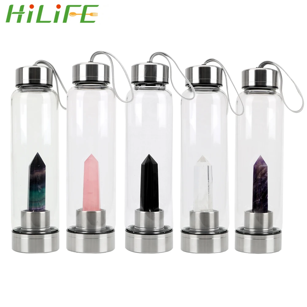 

HILIFE Natural Quartz Crystal Glass Water Bottle Creative Crystal Point Healing Obelisk Wand Drink Bottles With Protective Bag