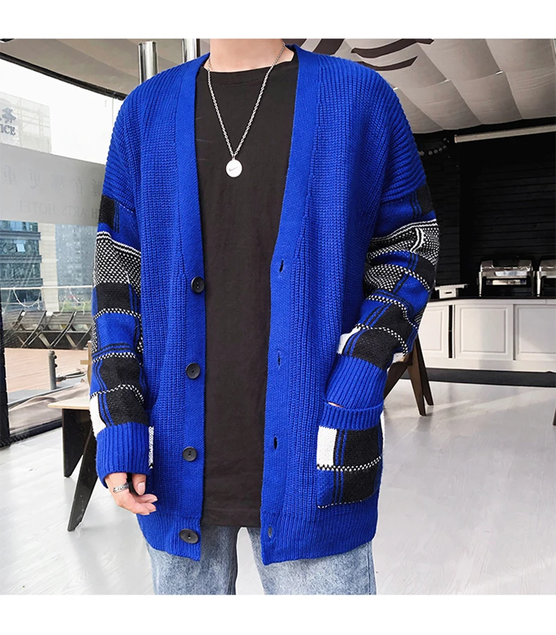 Korean Oversized Sweater Cardigan Men Plaid  (30)