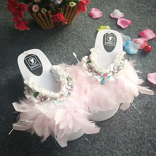 2015 New Crystal Rhinestone Feather Slippers Sandals Flip Plush Muffin Chunky Princess Shoes | Обувь