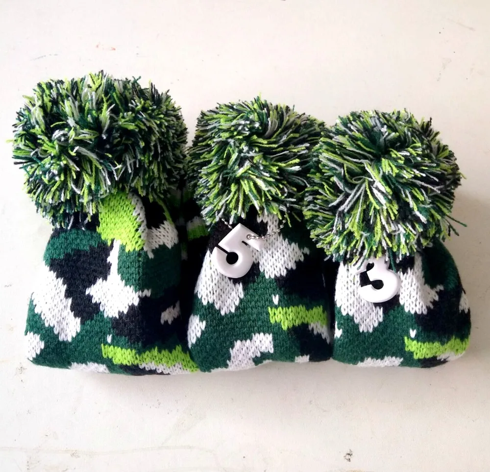 

3pcs green Black Camo camouflage Wool Knit Golf Club FW Driver Pom Pom Headcover Cover 1# 3# 5# For Golf Woods