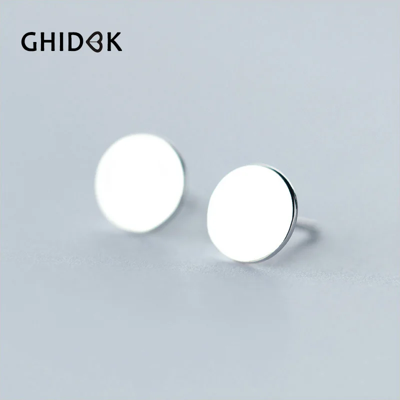 

GHIDBK Simple Style 925 Sterling Silver Round Shape Ear Studs Smooth Geometric Stud Earrings Coin Disc Small Tiny Stud Earrings