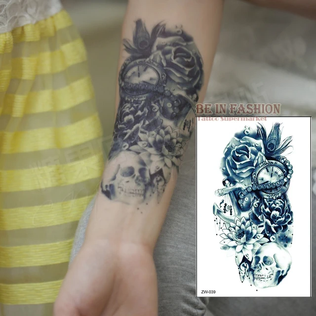 One Piece Trendy Temporary Tattoo Flower Rose Clock Jewel Death Pirate Skull Tattoos Stickers For Lower Arm Body Art Men QS-C039 One Piece Trendy Temporary Tattoo Flower Rose Clock Jewel Death Pirate Skull Tattoos Stickers For Lower Arm Body Art Men QS-C039
