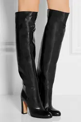 Офисные женские Популярные черные кожаные сапоги до колена, модельные сапоги на толстом высоком каблуке, роскошные брендовые высокие