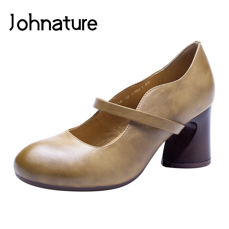 

Johnature 2019 New Spring/Autumn Genuine Leather Basic Round Toe Casual High Heels Retro Elastic Band Women Shoes Pumps
