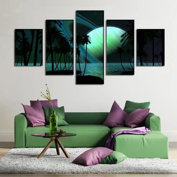 

2016 New painting 5 Panels saturn planet palm trees sky ligh oil painting For home Wall Art Picture Unframed gift free shipping
