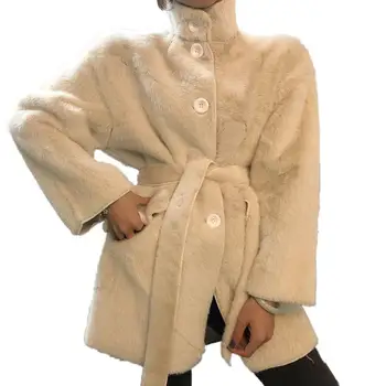 

Women 2019 Spring Autumn Faux Mink Cashmere Coat Female Stand Collar Long Sleeve Woolen Coat Ladies Solid Plush Warm Outwear L30