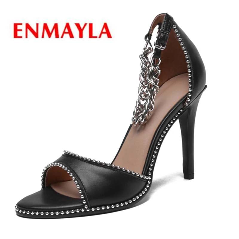

ENMAYLA Genuine Leather Basic Women Sandals 2019 Summer Fashion High Heel Sandals Party Buckle Strap Shoes Size 34-39 LY1087
