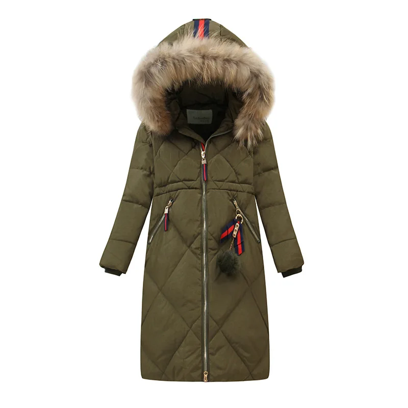 2017 New Army Green Genuine Brand Winter Girls X-Long Jackets Raccoon Fur Collar Hood Teenagers Girl's Down Parka Windproof Coat (16)