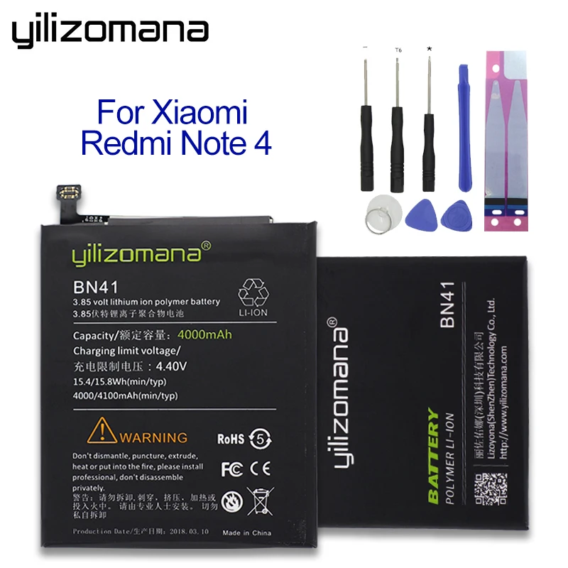 

YILIZOMANA High Capacity 4000mAh Replacement Phone Battery BN41 For Xiaomi Redmi Note 4 / Note 4X MTK Helio X20 Li-ion Batteries