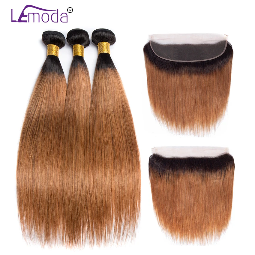 Brazilian Straight Hair Bundles with Frontal 3 Pcs Ombre Bundles with Closure 13x4 #1B30 LeModa Remy Human Hair Extensions (6) - 