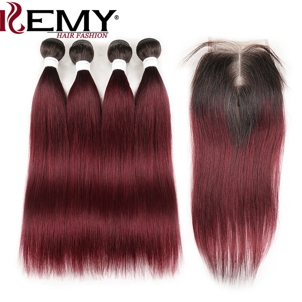 

T1B/99J Human Hair 4 Bundles With Closure Brazilian Straight Hair Weave Pre-Colored Non Remy Hair With Lace Closure KEMY HAIR