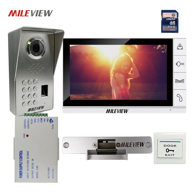 

FREE SHIPPING 9" Monitor Record Video Intercom Door Phone System + Waterproof Fingerprint Code Keypad Door Camera Strike E-Lock