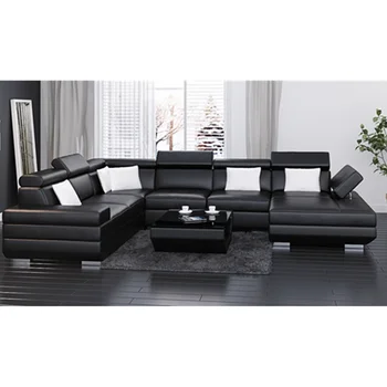 

Black household luxury leather sofa set living room furniture