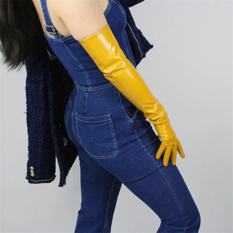 60 см, длинные перчатки из лакированной кожи, удлиненная секция, имитирующая кожу, зеркальный Яркий кожаный яичный желток, имбирный желтый женский WPU69