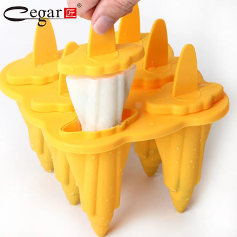  6 Cell Ice Cream Mold Platinum Silicone + PP Frozen Ice Cube Sticks Makers Popsicle Lolly Mould DIY Bear Moldura Tools Yellow 