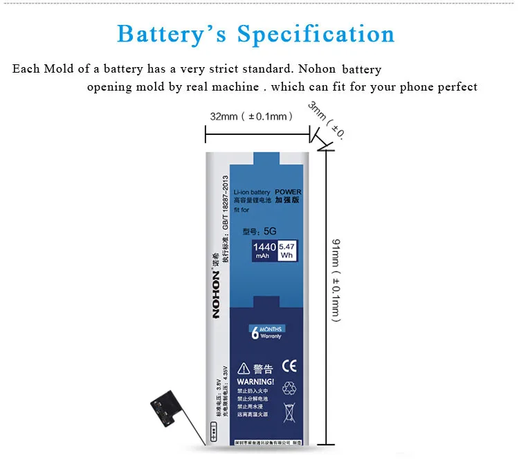 NOHON Аккумулятор для телефона для iPhone 5 5G 1440 мАч батарея большой емкости для Iphone батарея 5+ Бесплатные инструменты