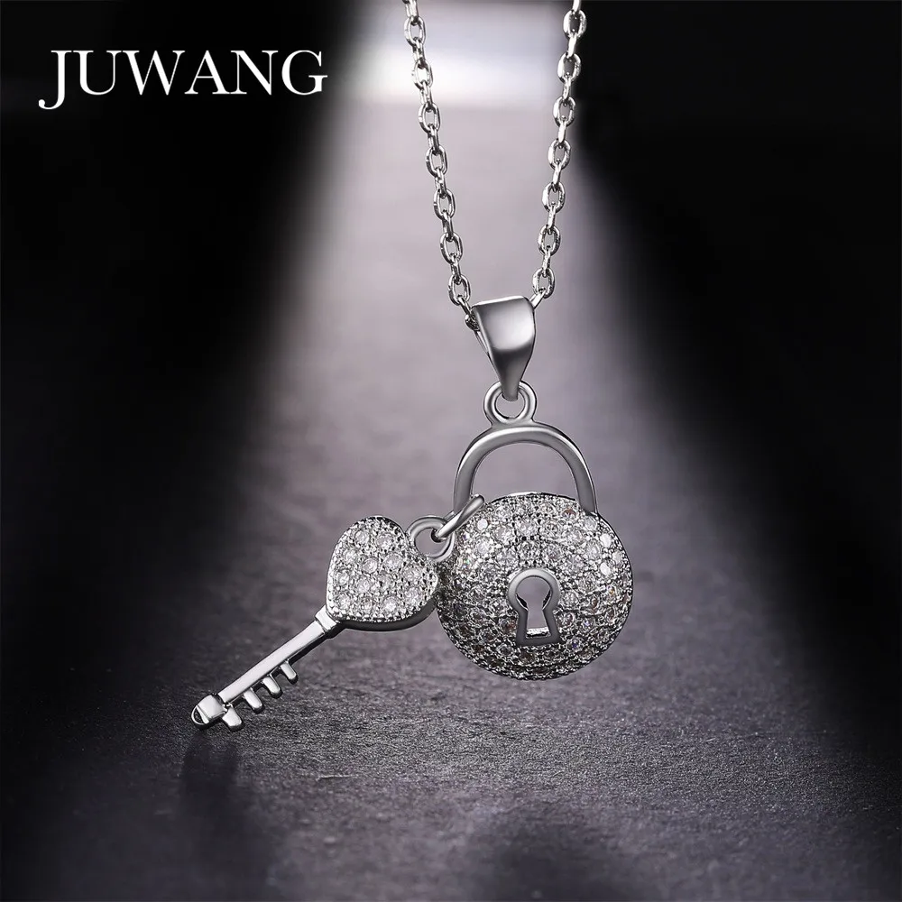 

JUWANG Wholesale Heart Locket Key Pendant Necklace for Woman Girl AAA Gold Color Cubic Zirconia Necklace Fashion Jewelry Gift