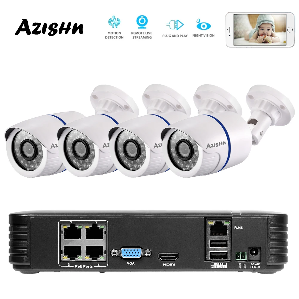 AZISHN 4CH 1080P HDMI 48 В POE 2MP NVR CCTV Камера Системы Открытый безопасности 720 P IP Камера P2P видеонаблюдения системы NVR комплект