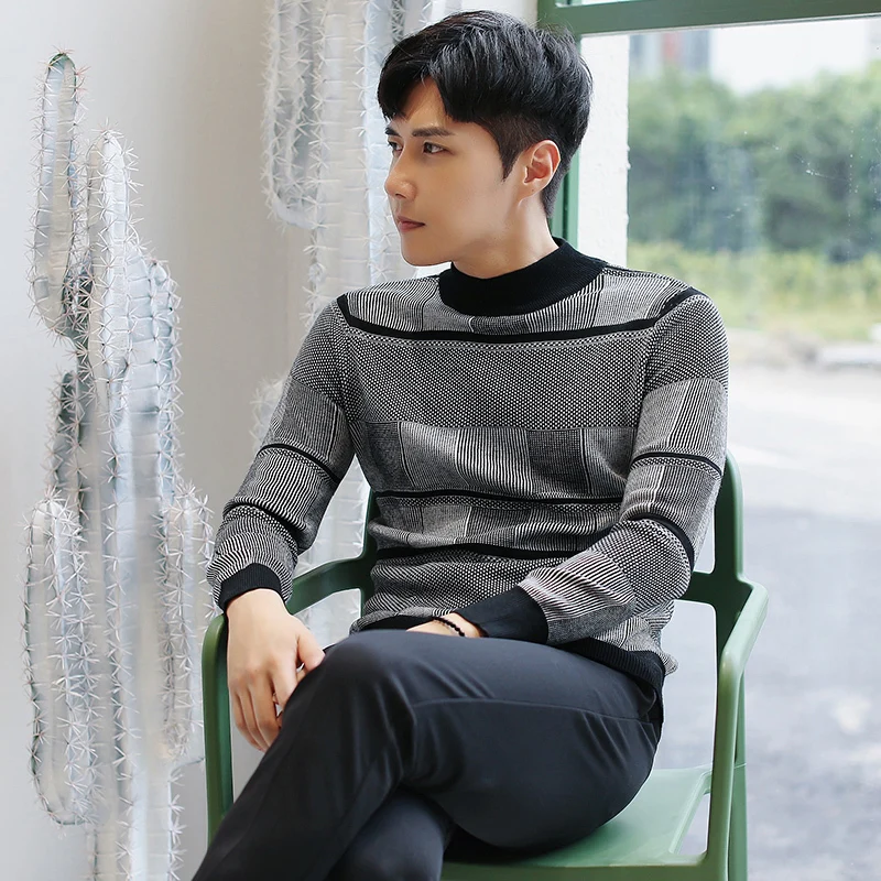 

Casual Knitted Lattice Round Neck Long Sleeve Men Slim Fit Sweaters 2018 Autumn Vintage Style Striped Warm Male Pullover M-2XL